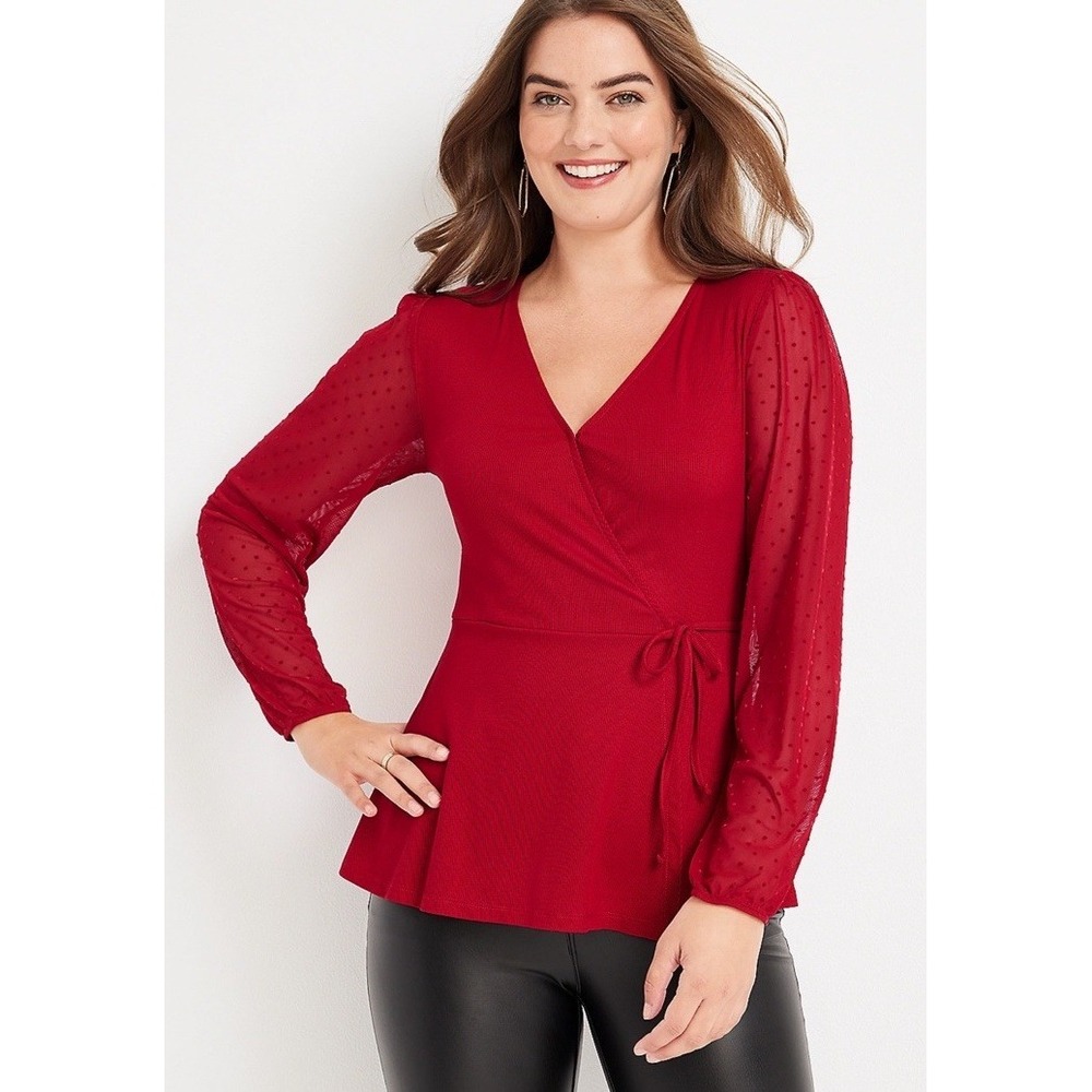 Maurices Red Dot Mesh Sleeves Wrap Top Perfect For Christmas‎ & Holidays Size 2x